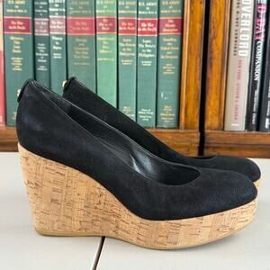 Stuart Weitzman Black Suede Corkswoon Platform Wedges ASO Kate Middleton Sz 7